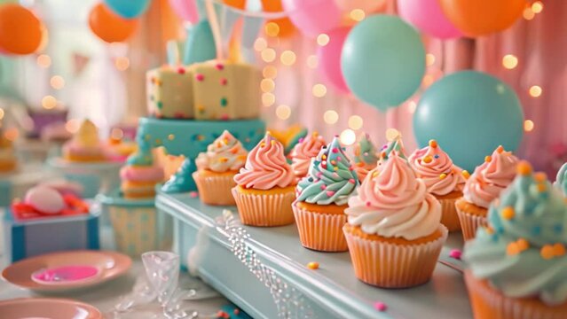 This Closeup of cupcakes with colorful frosting at a birthday party.
