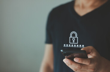 Cyber ​​security data protection, Asian businessman using smart mobile phone to access on...