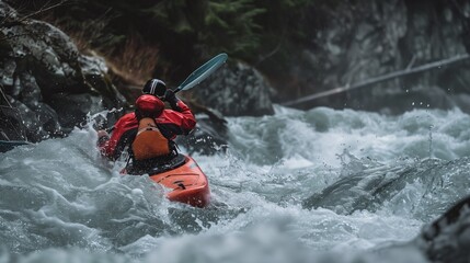 A kayaker skillfully navigates white-water rapids, battling currents in a rugged, thrilling adventure.
