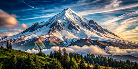 Snow-capped mountain peak with dramatic clouds - Powered by Adobe