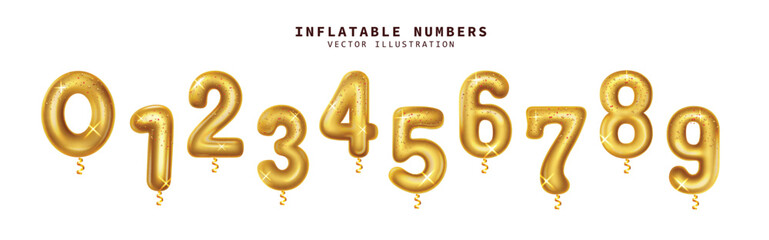 Birthday number inflatable vector set design. Inflatable balloons in gold, shiny and glossy floating numbers isolated in white      © Zeinous
