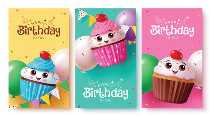 Happy birthday greeting card vector poster set design. Birthday invitation card with cute cup cake character elements for kids party greeting poster collection design. Vector illustration birthday  © Zeinous