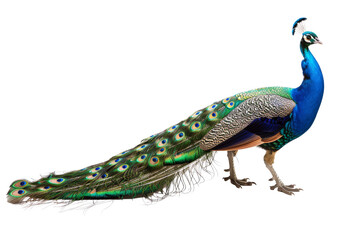 Obraz premium A majestic peacock with vibrant blue and green feathers proudly displaying its long, colorful tail on a white background.