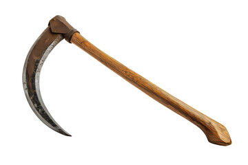 A traditional wooden-handled sickle isolated on transparent background. Perfect for agricultural and historical themes.