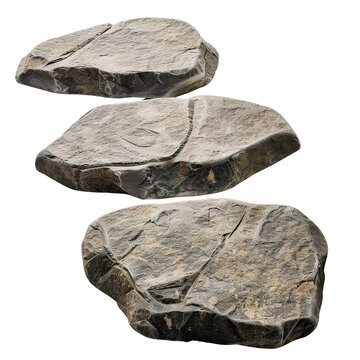Three large, flat rocks arranged in a stepping stone pattern, isolated on a transparent background.