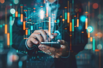 businessman holding phone on hand with hologram stock data graph background