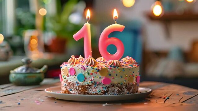 This birthday cake with pink candles that spell out 16 on top.