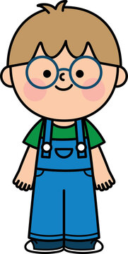 recommend clip art: The boy wears glasses and wears overalls and a green T-shirt