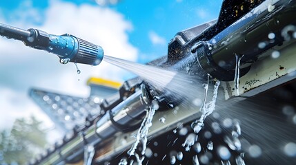 A caucasian hand with a latex glove arm holding a water sprayer wand power washing the gutters and roof of a house