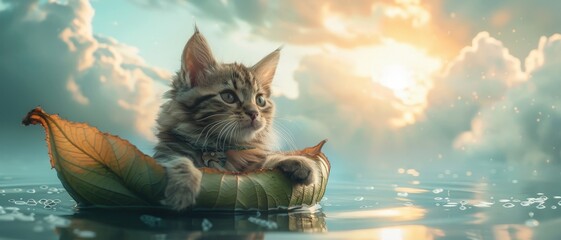 Obraz premium A cute kitten sits on a leaf, gazing at the dreamy clouds and distant sunset.