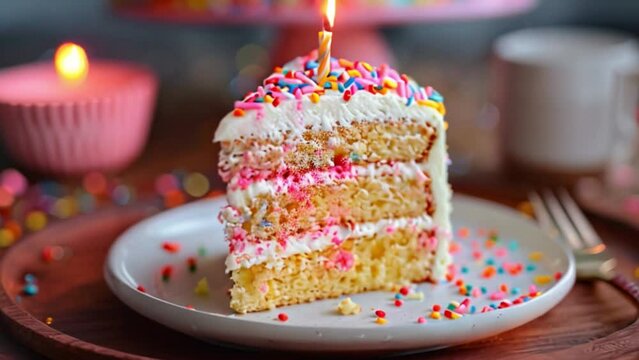 This single slice of birthday cake with sprinkles and a lit candle on a white plate.