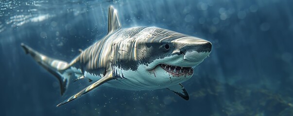 Fototapeta premium A great white shark swims through the blue ocean water.
