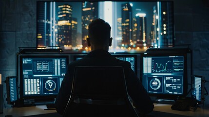 A focused IT professional works at a computer with multiple screens displaying security codes, firewall status, and encryption symbols. The background shows a modern office with dim lighting.