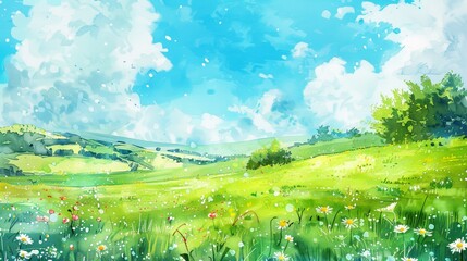 Fototapeta premium Beautiful cartoon landscape with rolling green hills, blue sky, and fluffy white clouds on a sunny day. Ideal for backgrounds.