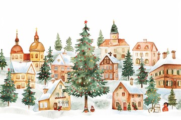 Fototapeta premium Charming Christmas village in winter with decorated tree and snow-covered rooftops, capturing the festive spirit of the holiday season.