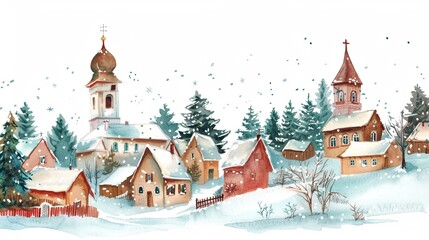 Charming snowy village scene with quaint houses, pine trees, and church towers, captured in a serene winter wonderland setting.