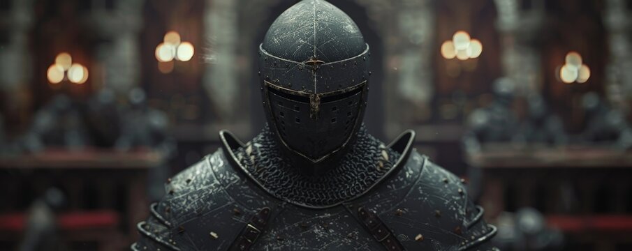 A mysterious knight stands in full armor, his face obscured by a helmet.