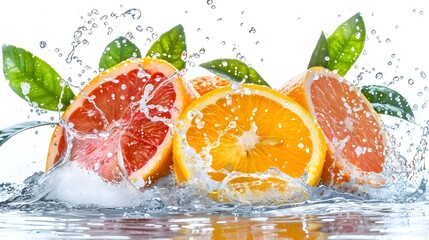 Fresh Citrus Fruits Splashing in Water with Green Leaves