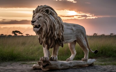 Majestic Driftwood Lion Sculpture in African Grassland at Sunset