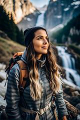 Female hiker in beanie by mountain waterfall
