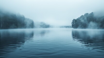 Fototapeta premium Serene lake shrouded in mist, with trees lining the shoreline and reflecting in the calm water.