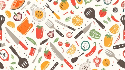 Flat design of kitchen utensils and food items in a seamless pattern, ideal for culinary themes.