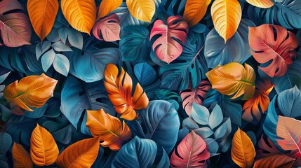 Vibrant abstract tropical leaf pattern with blue, orange, pink and green hues.