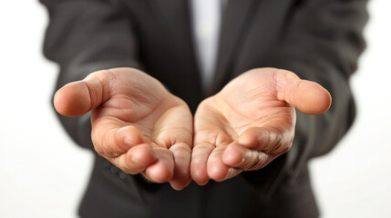 Fototapeta premium A man in a suit is holding his hands outstretched, as if to offer something. Concept of generosity and openness