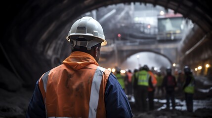 Obraz premium Safety engineer evaluating potential risks at a railway tunnel construction site, detailed and realistic scene, ensuring safety compliance