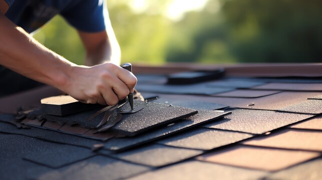 Roofers repairing shingles, closeup view, tools and materials visible, isolated on white background, demonstrating meticulous roof restoration and professional expertise