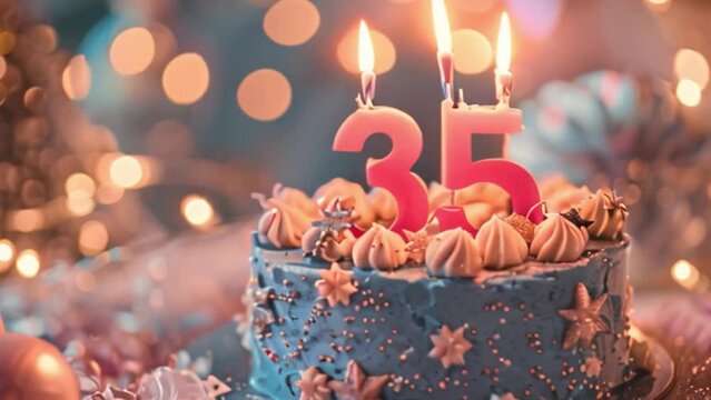 This blue birthday cake with pink candles celebrating a 35th birthday.