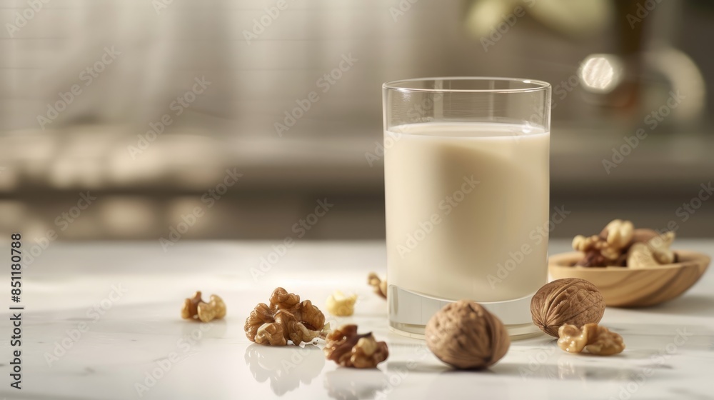 Wall mural Product photography, walnut milk drink in a cup with some walnuts and nuts on a white table, grey background, - Wall murals
