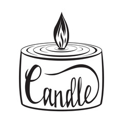 Handmade candle. candle lettering style. Line drawing of a simple round burning candle. Isolated vector calligraphic illustration. Lettering of the inscription Candle. Vector illustration