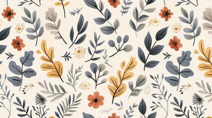 Seamless pattern of flat botanical elements like leaves and branches for a natural look.