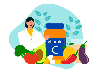 Doctor nutritionist explaining about food that contain vitamin C. Medicine vector illustration