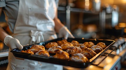 Naklejka premium Baker Holding Freshly Baked Pastries in a Warm, Cozy Bakery Kitchen