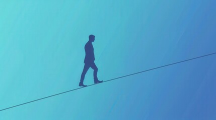 Man walk thin rope with bad and good emotions.  mental state and tight emotion control 