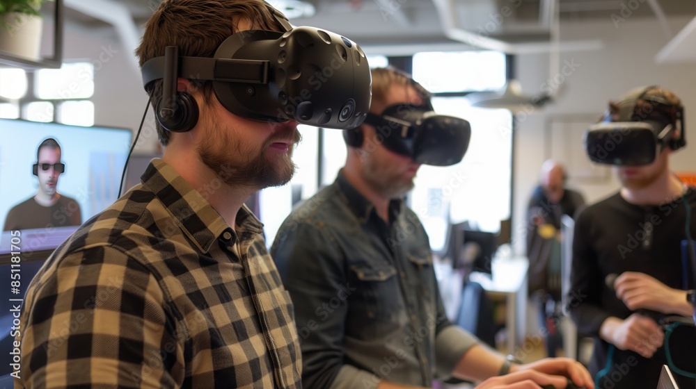 Poster in a tech lab, developers in vr headsets finalize licensing for software set to revolutionize the in