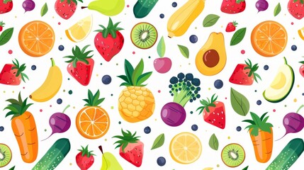 Obraz premium Seamless pattern of flat fruit and vegetable icons, creating a fresh and healthy background.