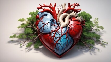 Human heart health concept as a symbol for growing a body organ and the veins and arteries of the circulatory system as a body part shaped as tree roots and branches as a medical metaphor for life