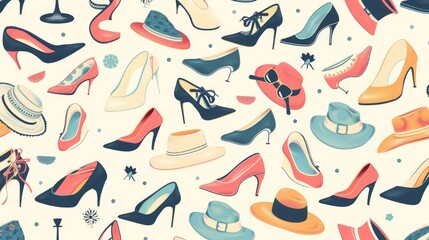 Seamless pattern of flat fashion accessories like shoes and hats, ideal for style and fashion themes.