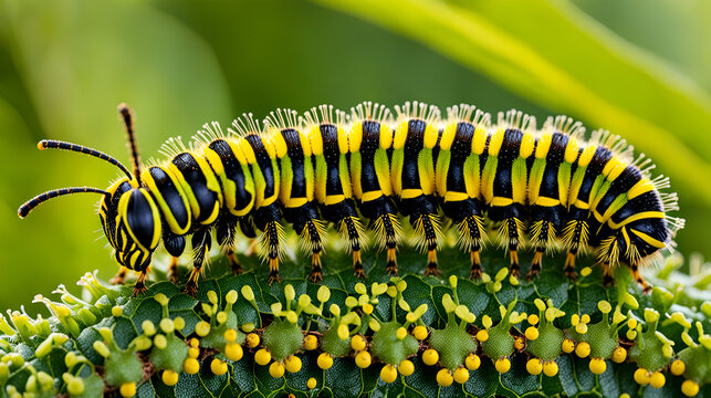 A macro photo of various colored caterpillars, butterfly larvae crawling over plants

