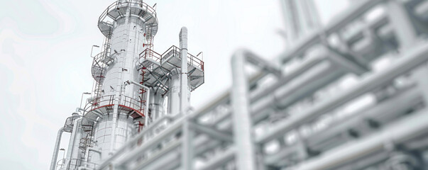 Obraz premium A large white industrial plant with a tall white tower in the background. The plant is surrounded by pipes and the sky is cloudy