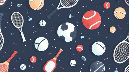 Flat design of sports equipment like balls and rackets in a seamless pattern for athletic themes.
