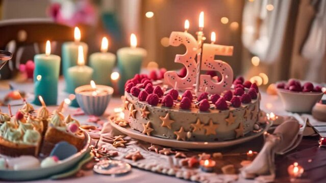 This birthday cake with lit candles and raspberries, celebrating a 35th birthday.