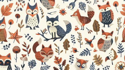 Flat illustration of woodland creatures like foxes and owls in a seamless pattern for a rustic theme.