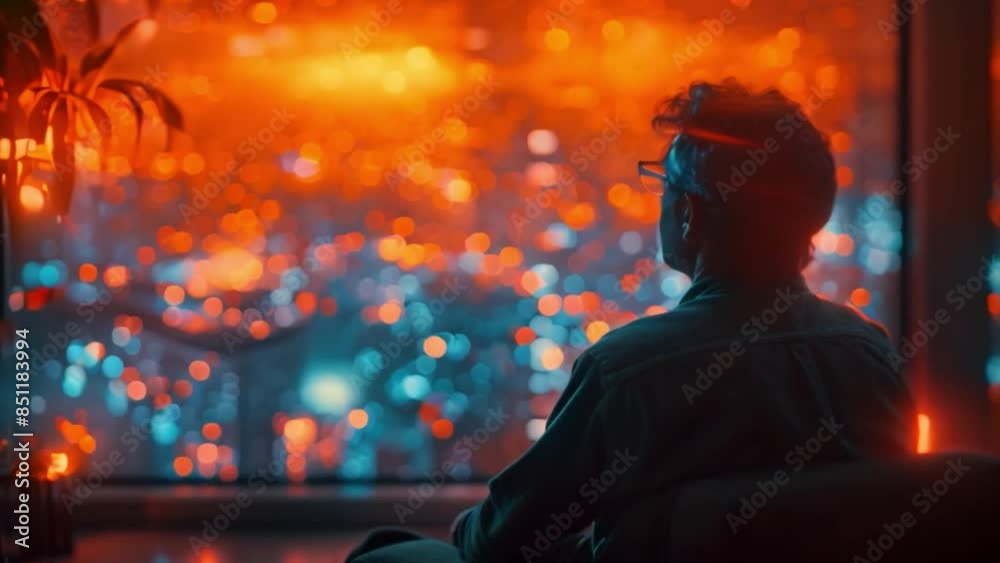 Poster a person sits in a chair and looks out a window at a city skyline, illuminated by warm and cool-tone