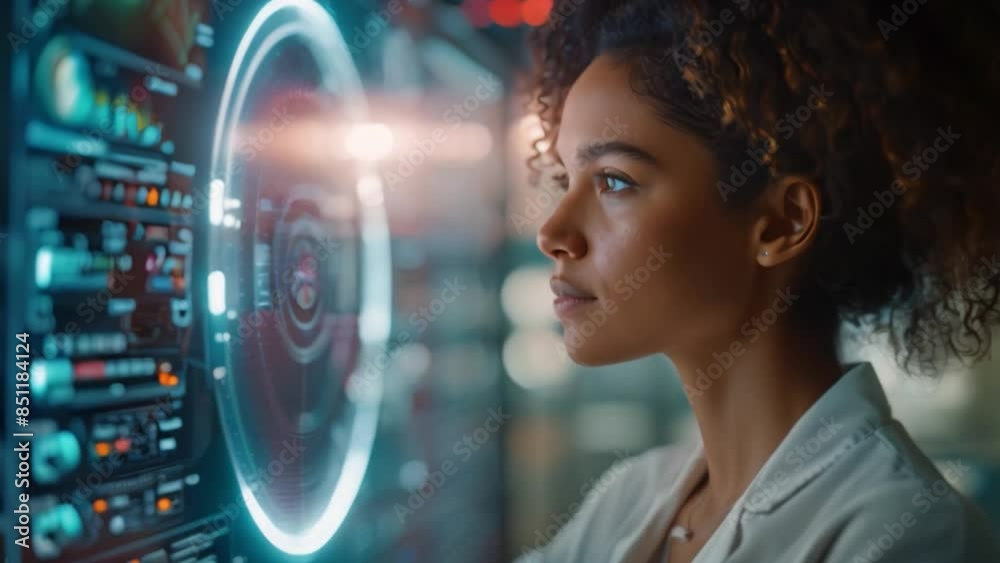 Poster a young woman in a lab coat looks intently at a holographic doctor projected on a screen. the futuri