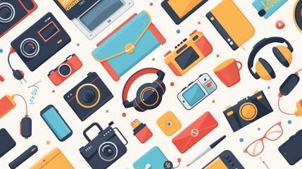Seamless background with flat illustration of tech gadgets and accessories for a modern theme.