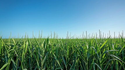 A sugarcane field stretches to the horizon, vibrant green stalks against a clear blue sky.
